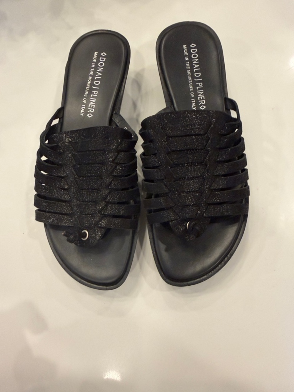 Donald J. Pliner Black Glitter Strappy Slide Mules